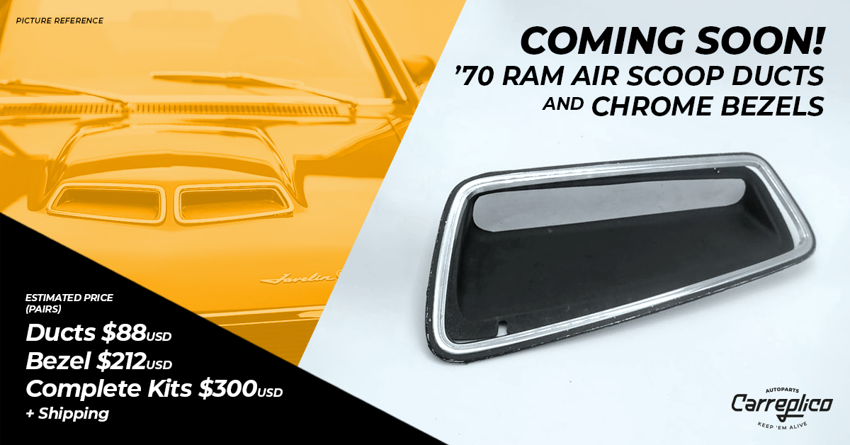 COMING SOON! ’70 Ram Air Scoop Ducts and Chrome Bezels – Carreplico